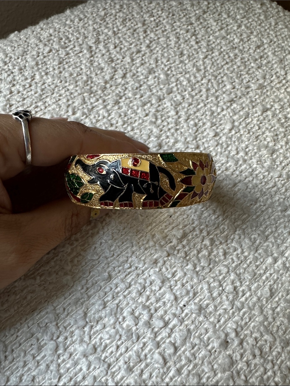 Gold Tone Elephant Enamel Bangle with Red, Green and Black Accents
